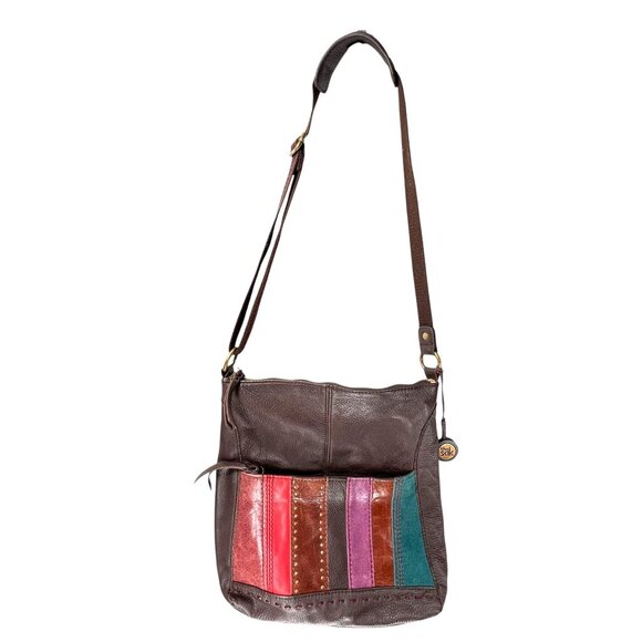 The Sak Striped Patchwork Leather Crossbody Bag Adjustable Strap Red Pink Teal - Picture 2 of 16